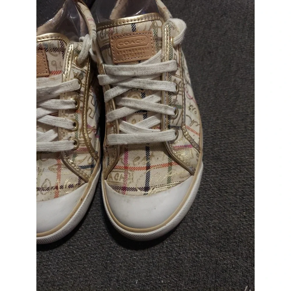 Coach Women's Size 8.5B Barrett Cream Gold Plaid Lace-Up Low Top Sneakers‎ Y2k